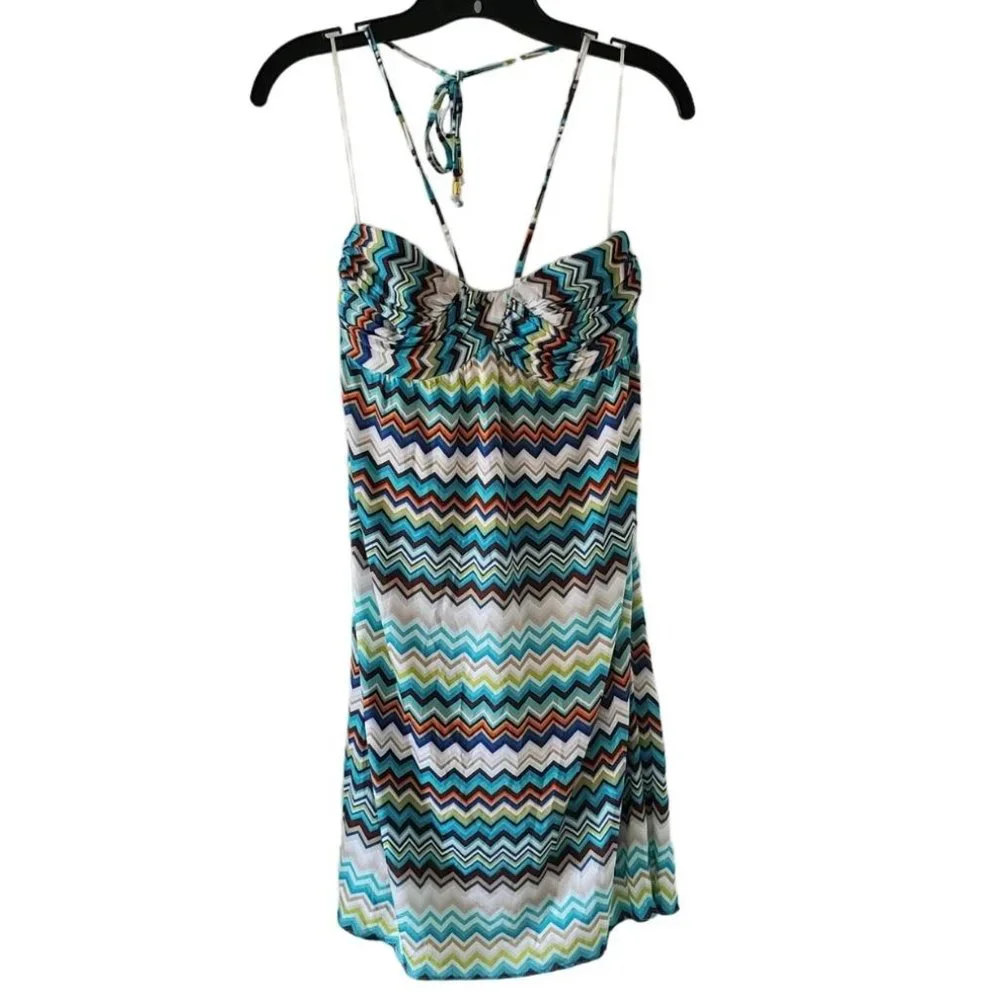 Trina Turk Ruched Sweetheart Halter Midi Dress | EUC | 6 | Blue Tan Multicolor - Picture 7 of 15